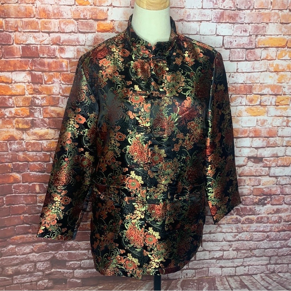 Robert Lewis Black Silk Blend Floral Brocade Asian Inspired Silk Blend J…